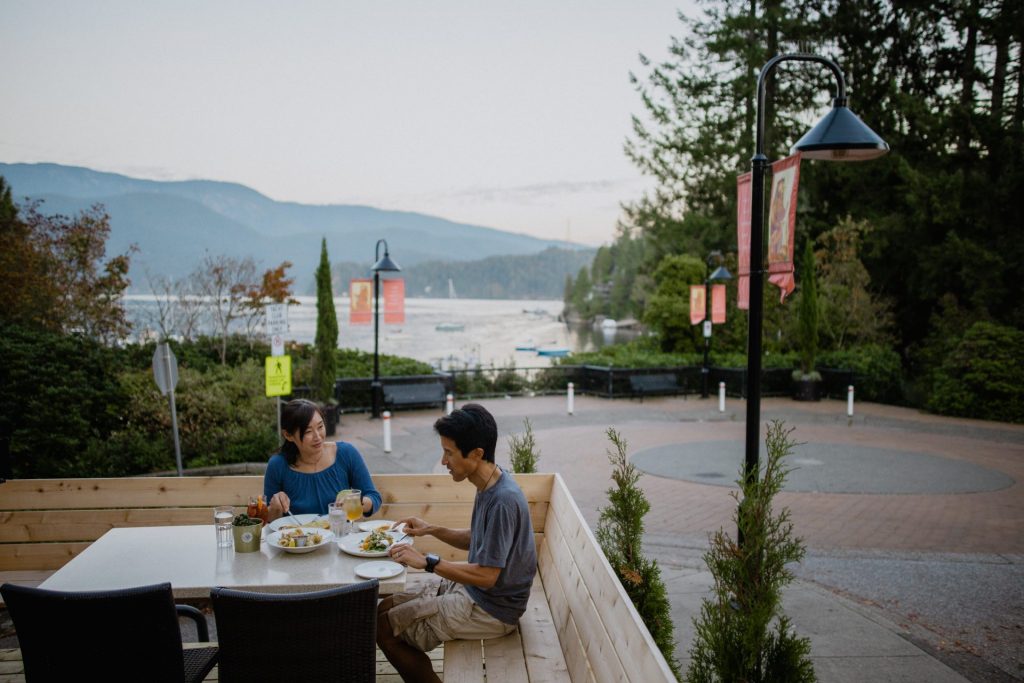 Couple eating on outdoor patio